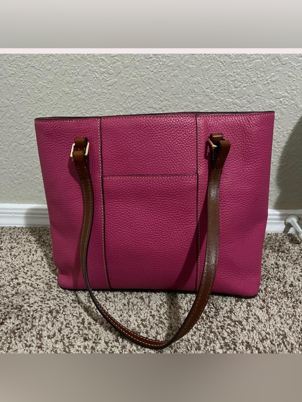 Dooney & Bourke Pink Pebble Leather Tote with Brown Straps and Logo Plaque - Picture 13 of 14